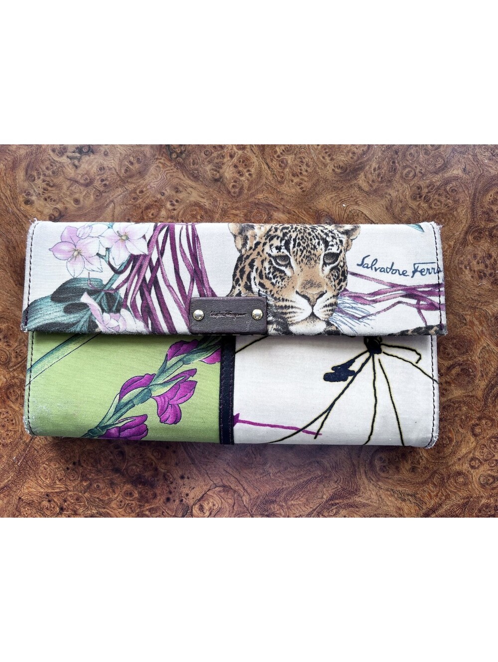 Salvatore Ferragamo Multicolor Nylon-Leather Tiger-Jungle Print Trifold Wallet
